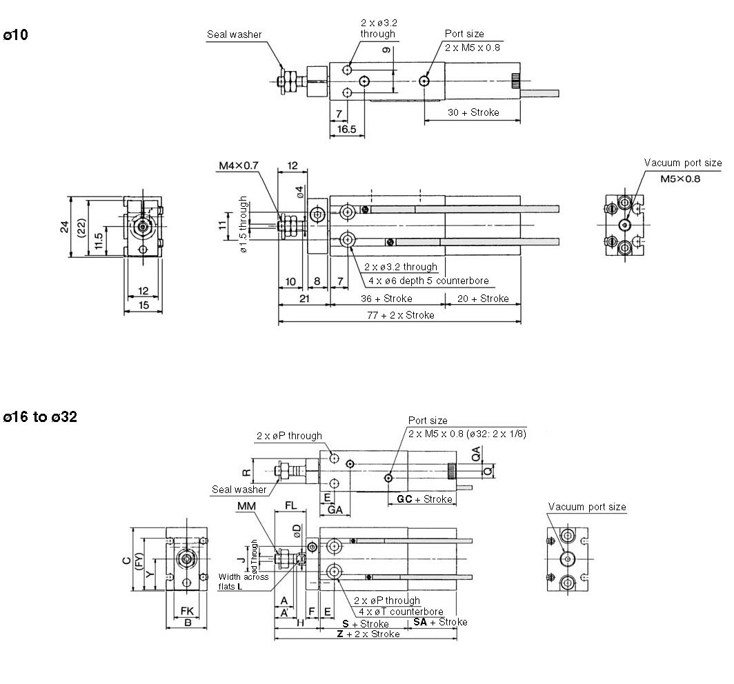 SMC ZCDUKC20-50D cyl, free mt, w/vacuum, ZCU COMPACT CYLINDER